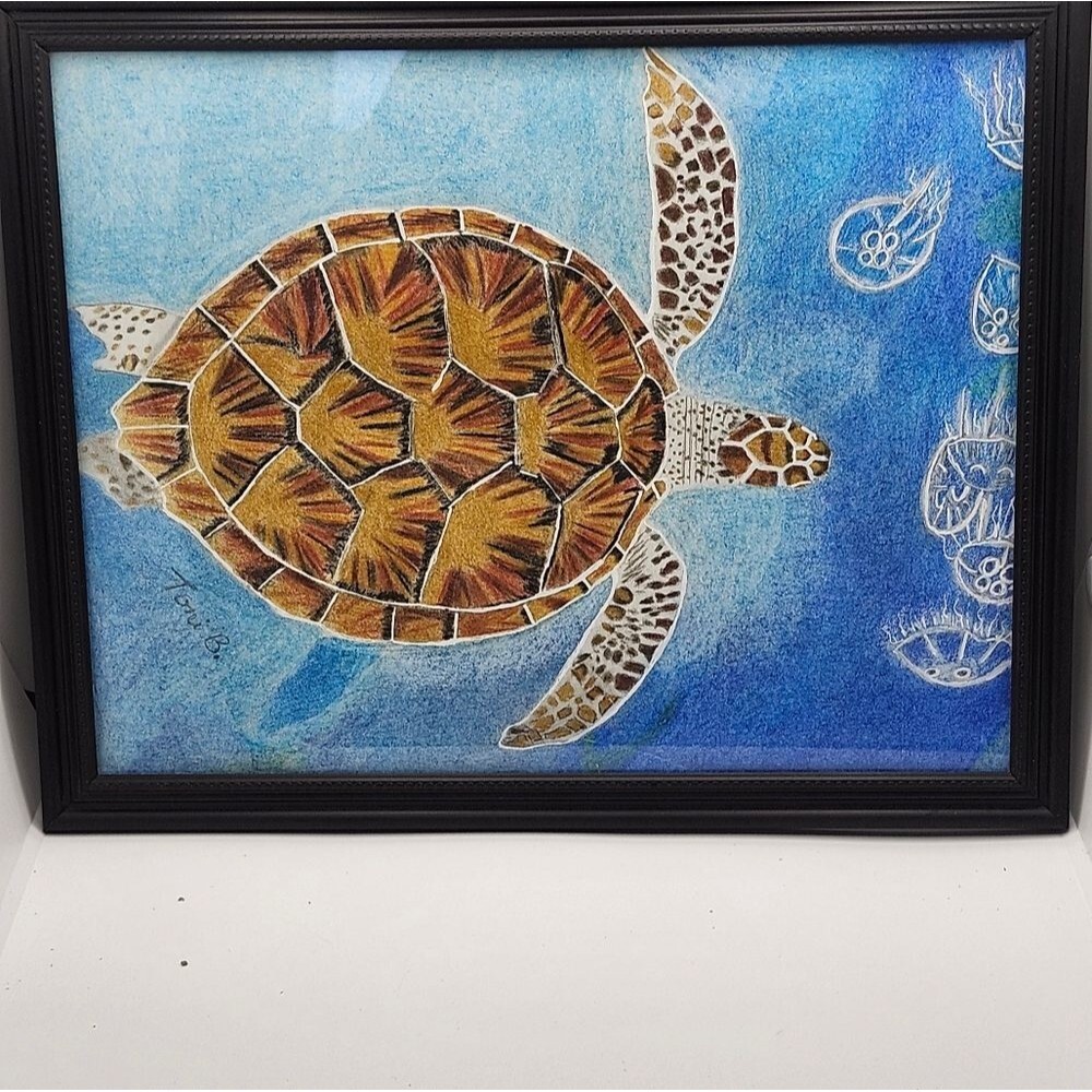 Hand Crafted Sea Turtle Colored Pencil Drawing Framed 9x11"